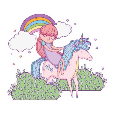 gökkuşağı ile manzara içinde Unicorn ve Prenses