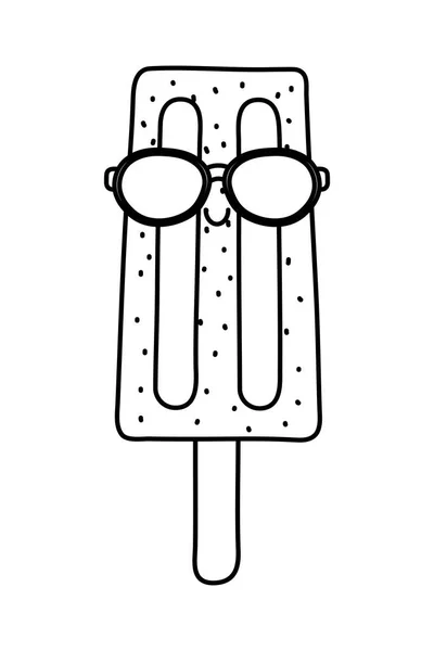 Popsicle con gafas de sol divertido dibujo animado en blanco y negro — Vector de stock