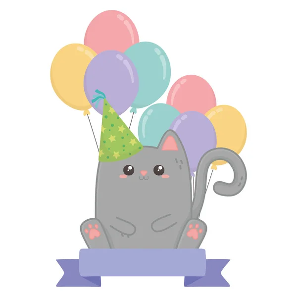 Chat Kawaii et design joyeux anniversaire — Image vectorielle