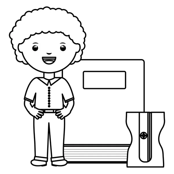 Lindo niño estudiante con libro y sacapuntas — Vector de stock