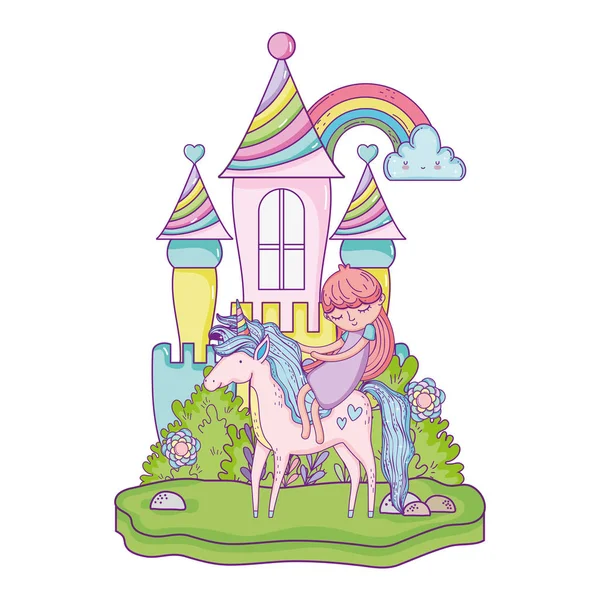 Licorne et princesse dans le château avec arc-en-ciel — Image vectorielle