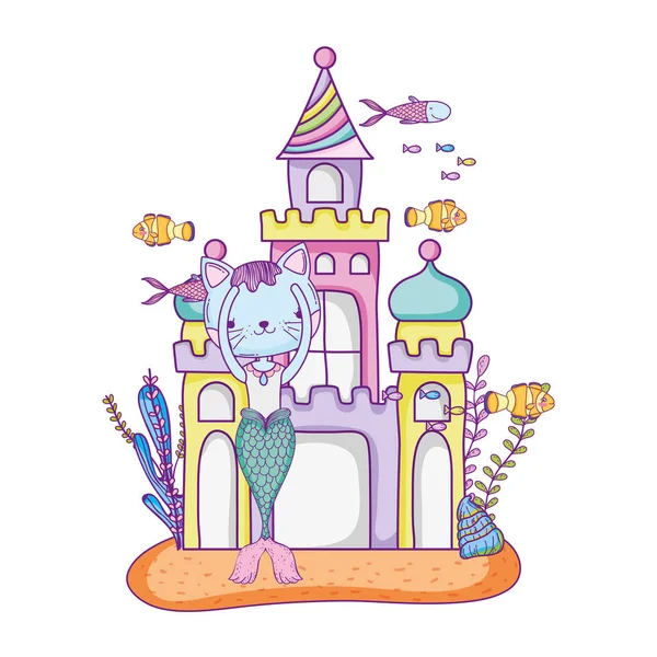 Cute purrmaid with castle undersea — Stock Vector