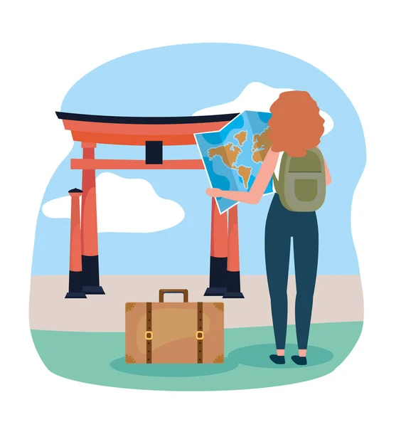 Femme avec sac à dos et carte mondiale à destination de sculpture tokyo — Image vectorielle