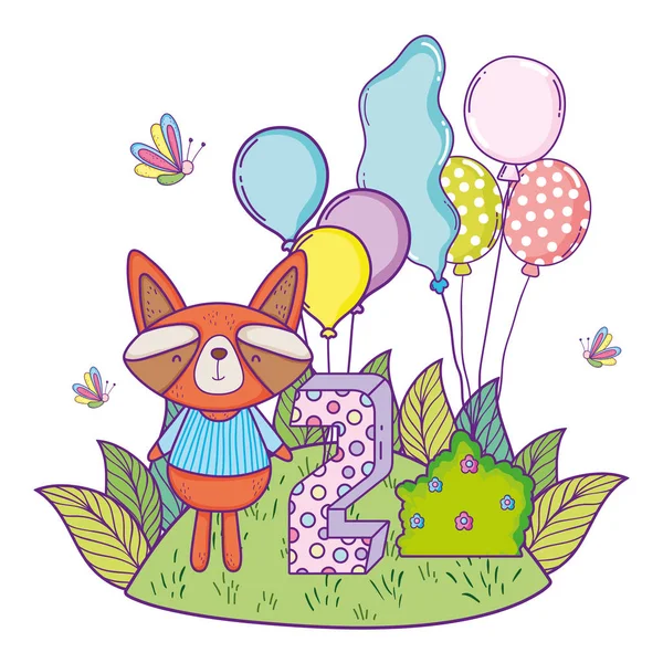 Mapache con globos helio en el campo — Vector de stock