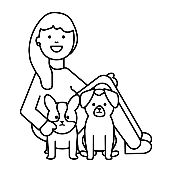 Jonge vrouw met kleine honden adorables Mascottes — Stockvector