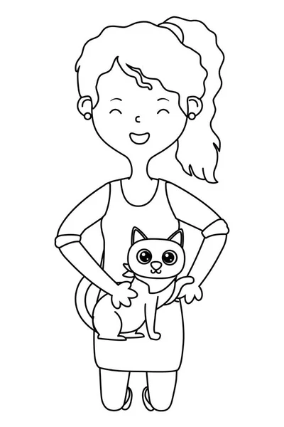 Menina com desenho animado gato — Vetor de Stock