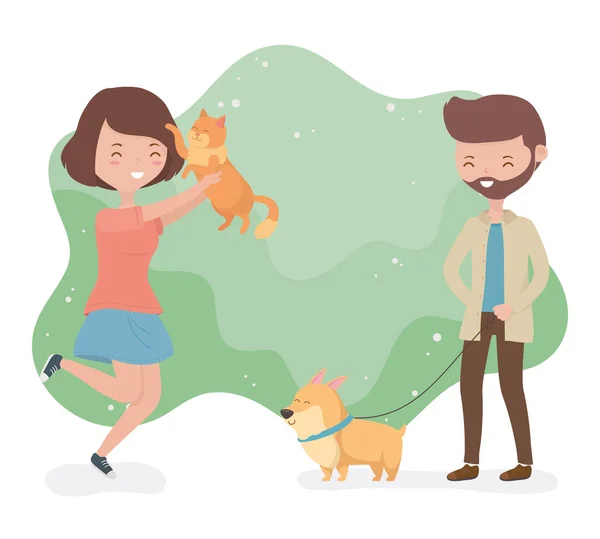 Young couple with cute little dog and cat mascots — Stock Vector