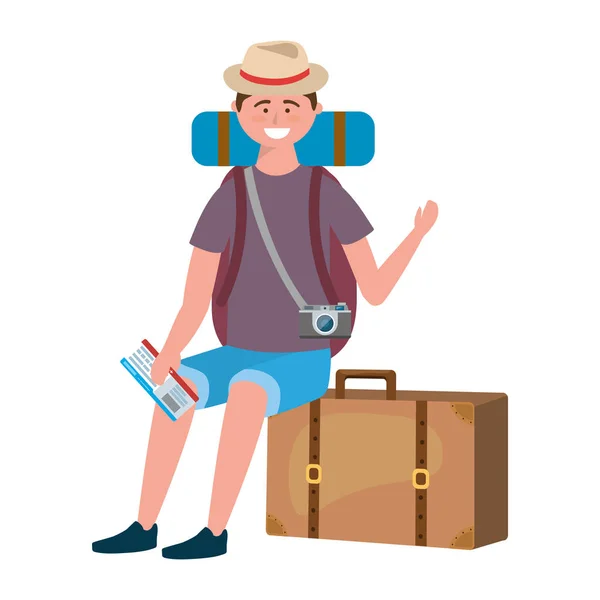 Tourist Boy Cartoon mit Taschendesign — Stockvektor