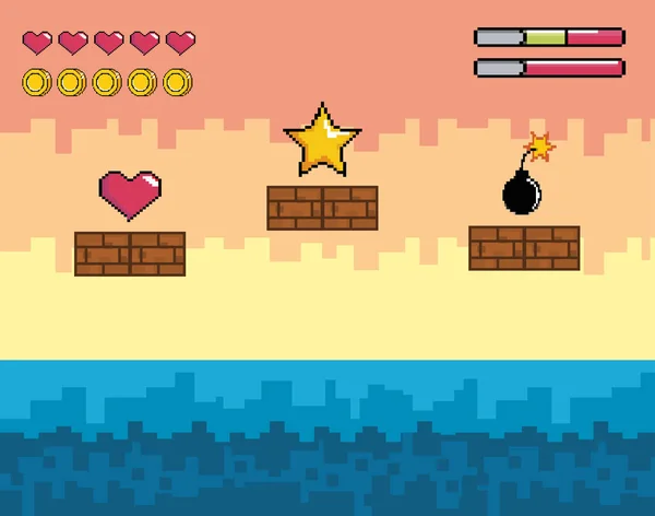 Pixelated vídeo game cena com estrela e coração com bomba — Vetor de Stock