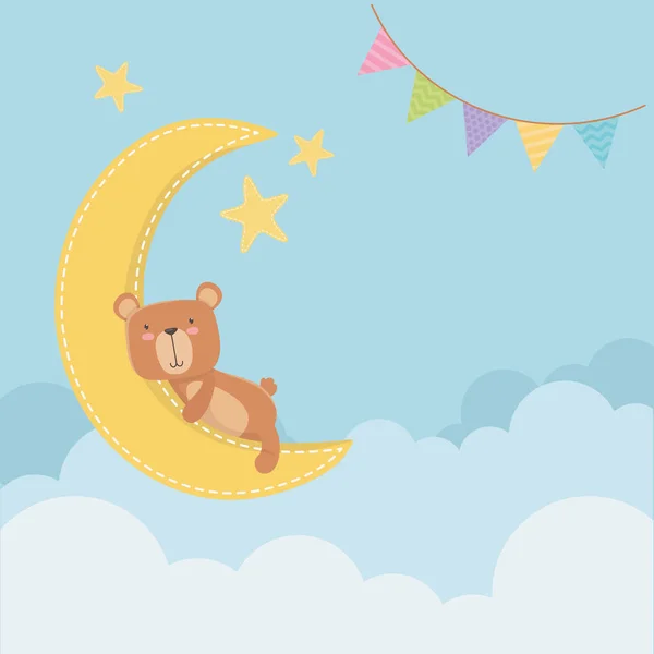 Baby shower card with little bear in moon slepping — Stockvector