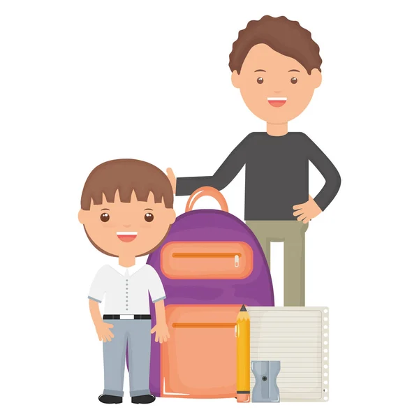 Милий маленький студентський хлопчик з вчителем і шкільною сумкою — стоковий вектор