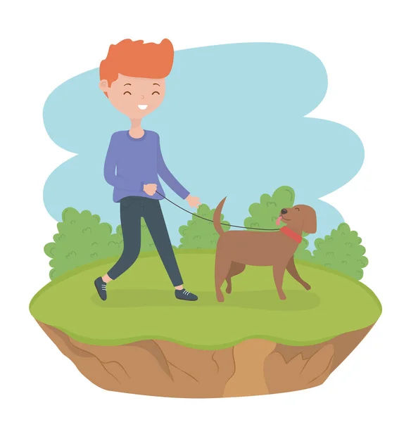 Молодой человек с милым маленьким собачьим талисманом в поле — стоковый вектор