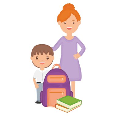 Bayan öğretmen ve Schoolbag ile sevimli küçük öğrenci çocuk