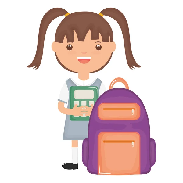 귀여운 작은 학생 소녀 와 계산기 ans 학교 가방 — 스톡 벡터