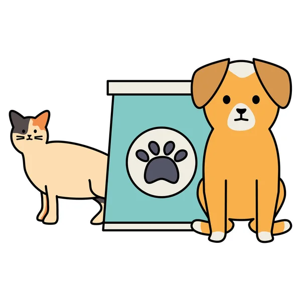 Carino gatto e cane mascotte con sacchetto di cibo — Vettoriale Stock
