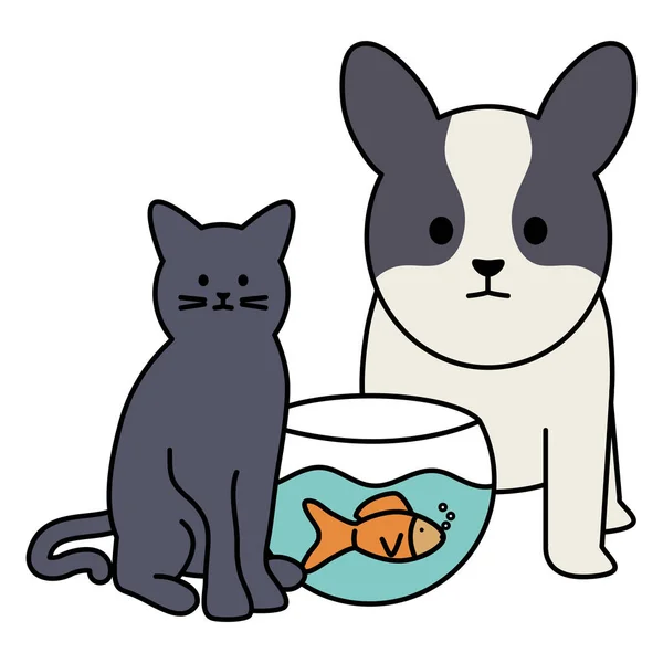 Cute cat and dog with fish in aquarium mascots — Stock Vector