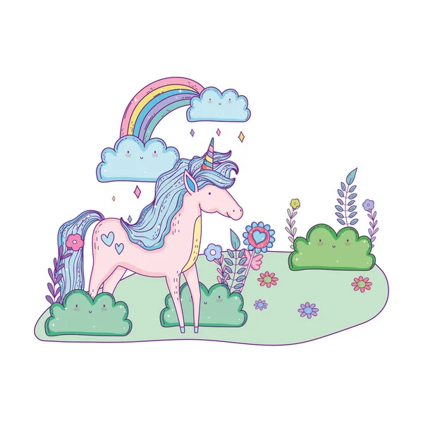 Hermoso unicornio con arco iris en el paisaje — Archivo Imágenes Vectoriales