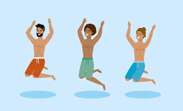 Conjunto de hombres que usan pantalones cortos de baño y saltar a la hora de verano — Archivo Imágenes Vectoriales