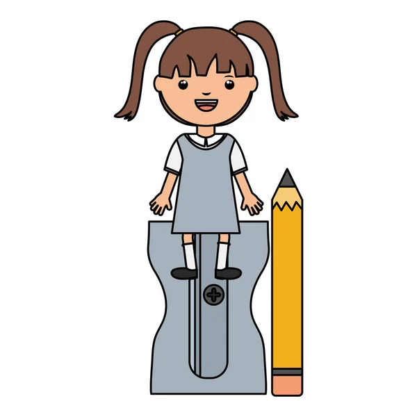 Cute Little student dziewczyna z Temperówka i ołówek — Wektor stockowy