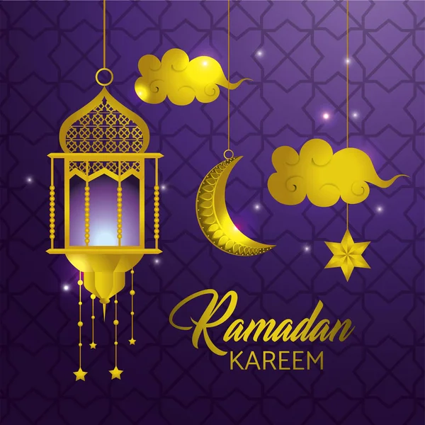 Luna con lámpara y nubes colgando de ramadán kareem — Archivo Imágenes Vectoriales