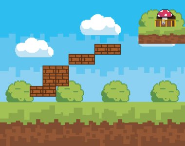 Arcade oyun dünya ve piksel sahne tasarım vektör illüstrasyon