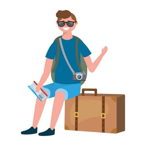 Tourist Boy Cartoon mit Taschendesign — Stockvektor