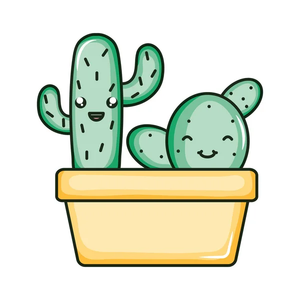 Plantas de cactus en macetas caracteres kawaii — Vector de stock