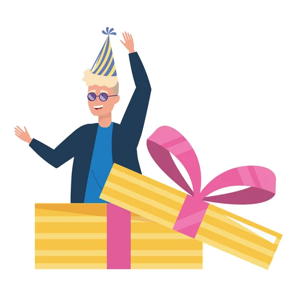 Man cartoon inside gift design — Stock Vector