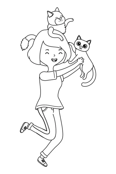 Девочка с кошками рисует мультфильмы — стоковый вектор