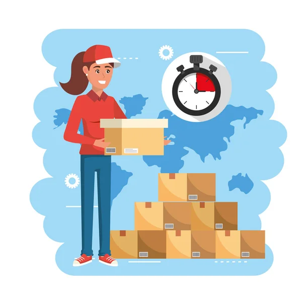 Wanita pengiriman dengan kotak layanan paket dan kronometer - Stok Vektor