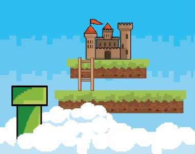 Arcade oyun dünya ve piksel sahne tasarım vektör illüstrasyon
