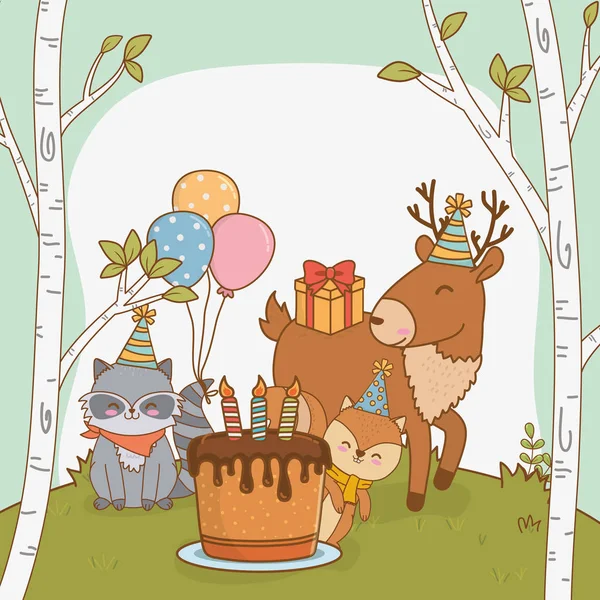 Tarjeta de cumpleaños con animales lindos bosque — Archivo Imágenes Vectoriales