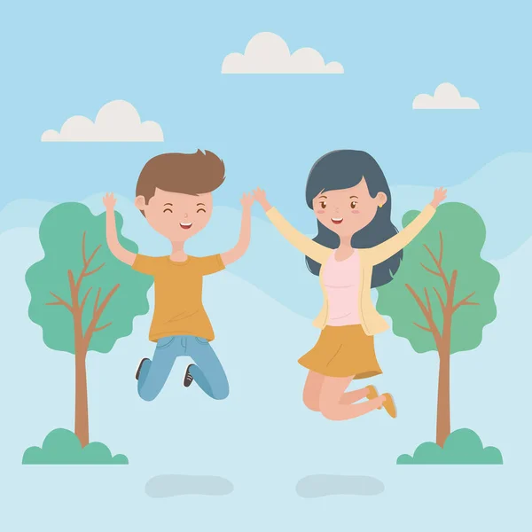 Couple heureux célébrant saut dans la scène forestière — Image vectorielle
