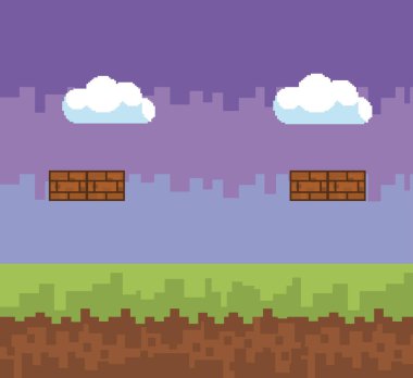 Arcade oyun dünya ve piksel sahne tasarım vektör illüstrasyon