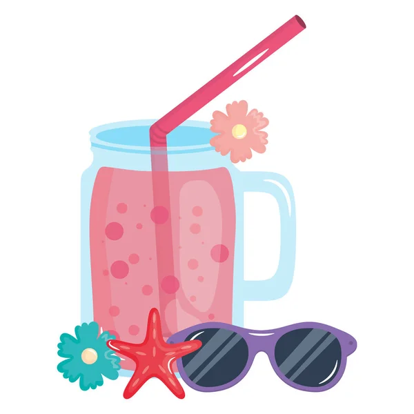 Jarra de frutas de suco fresco com palha e óculos de sol — Vetor de Stock