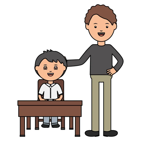 Mignon petit étudiant garçon assis dans bureau d'école avec professeur — Image vectorielle