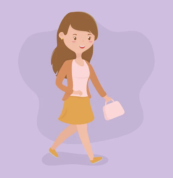 Junge Frau zu Fuß mit Handtasche Avatarfigur — Stockvektor