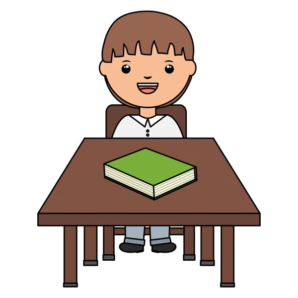 Cute little student boy with books in schooldesk — Stock Vector