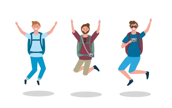 Set of happy men jumping with backpack and camera — Stock Vector