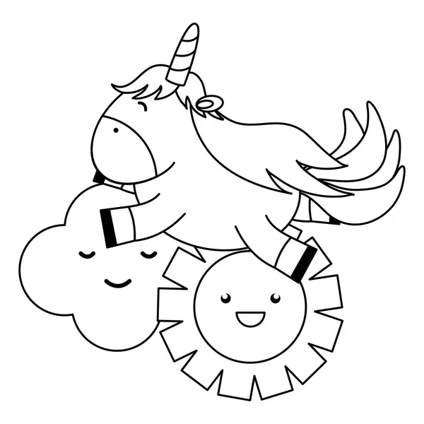 Schattig schattig Unicorn met wolken en zon kawaii personages — Stockvector