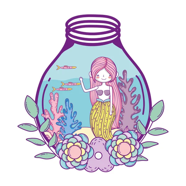 Schöne Meerjungfrau mit Kranz Blumen — Stockvektor