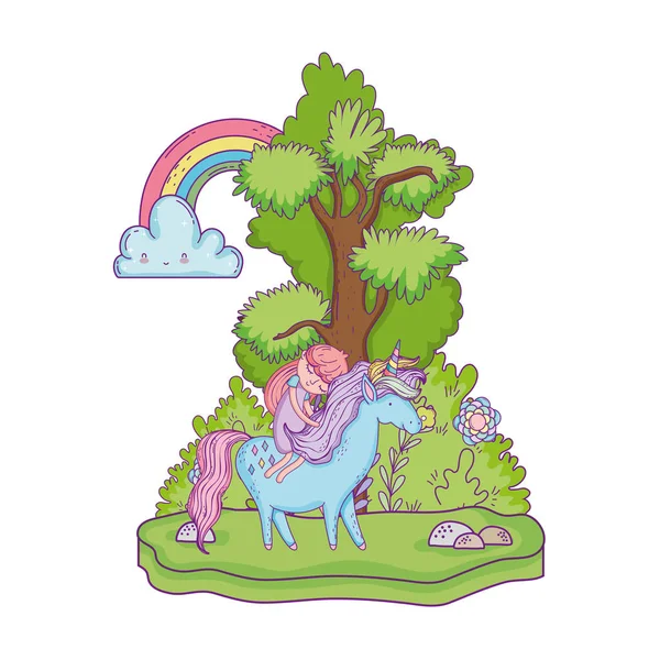Hermoso unicornio con princesa en el paisaje — Vector de stock