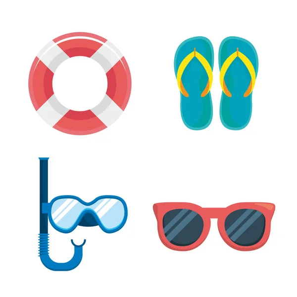 Conjunto de flutuador com chinelo e snorkel máscaras com óculos de sol —  Vetores de Stock