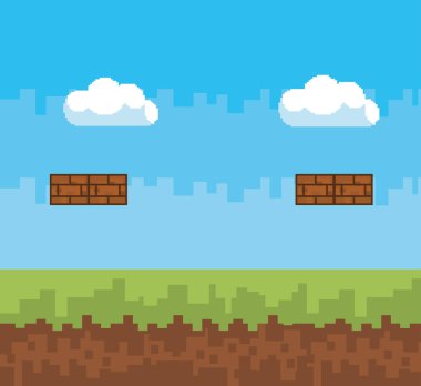 Arcade oyun dünya ve piksel sahne tasarım vektör illüstrasyon