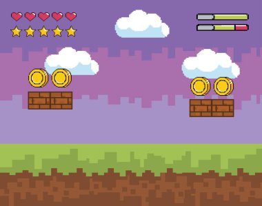 Arcade oyun dünya ve piksel sahne tasarım vektör illüstrasyon