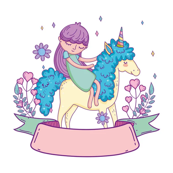 Petite licorne et princesse aux fleurs de couronnes — Image vectorielle