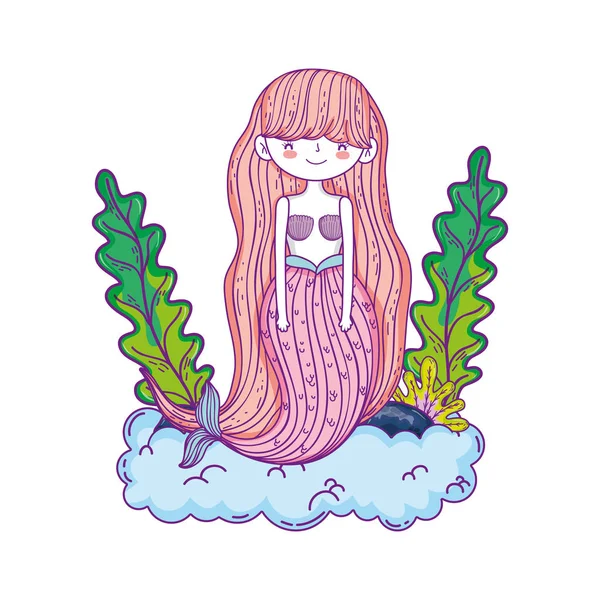 Beautiful mermaid with seaweed fairytale character — Stock Vector