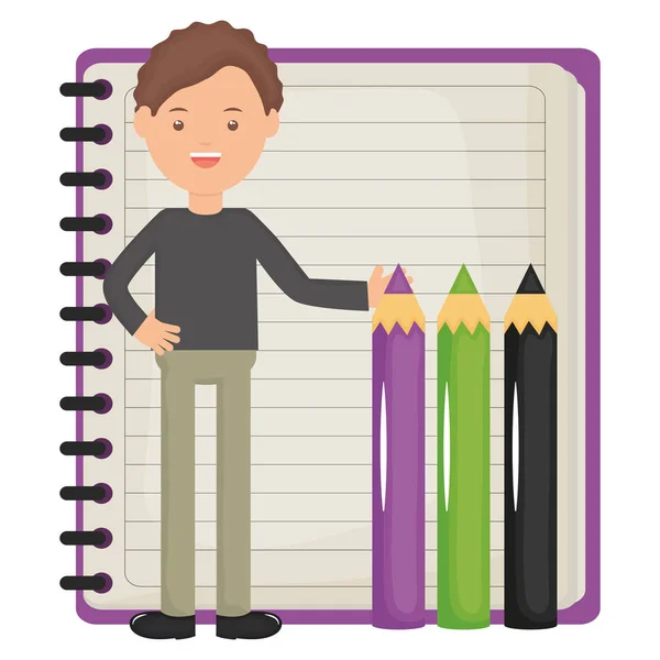 Junger männlicher Lehrer mit Notizbuch und Bleistiftfarben — Stockvektor