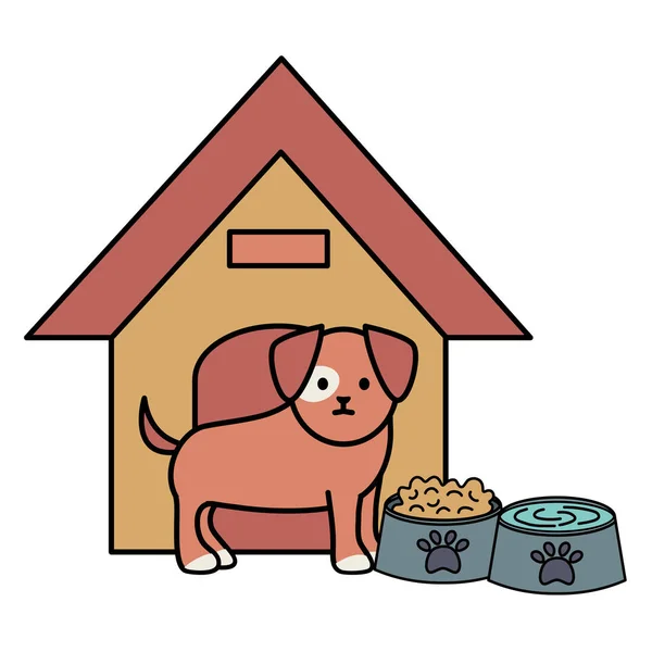 Kleiner Hund liebenswert mit Geschirr Futter und Wasser — Stockvektor