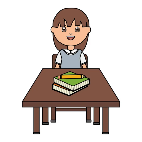 Bonito pouco estudante menina com livros didáticos no schooldesk — Vetor de Stock